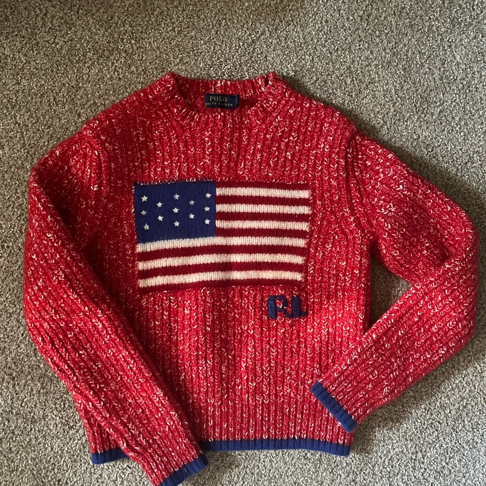 Rare Polo Ralph Lauren chunky red knit American Flag sweater size S